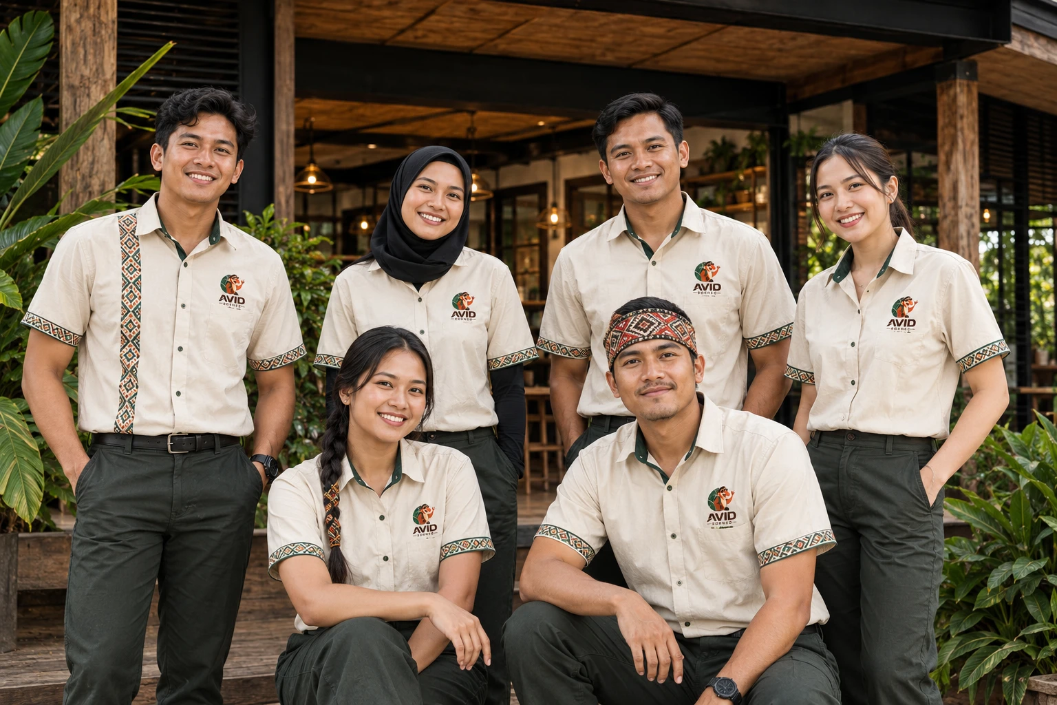 The Avid Borneo team in their uniforms, smiling outside the office